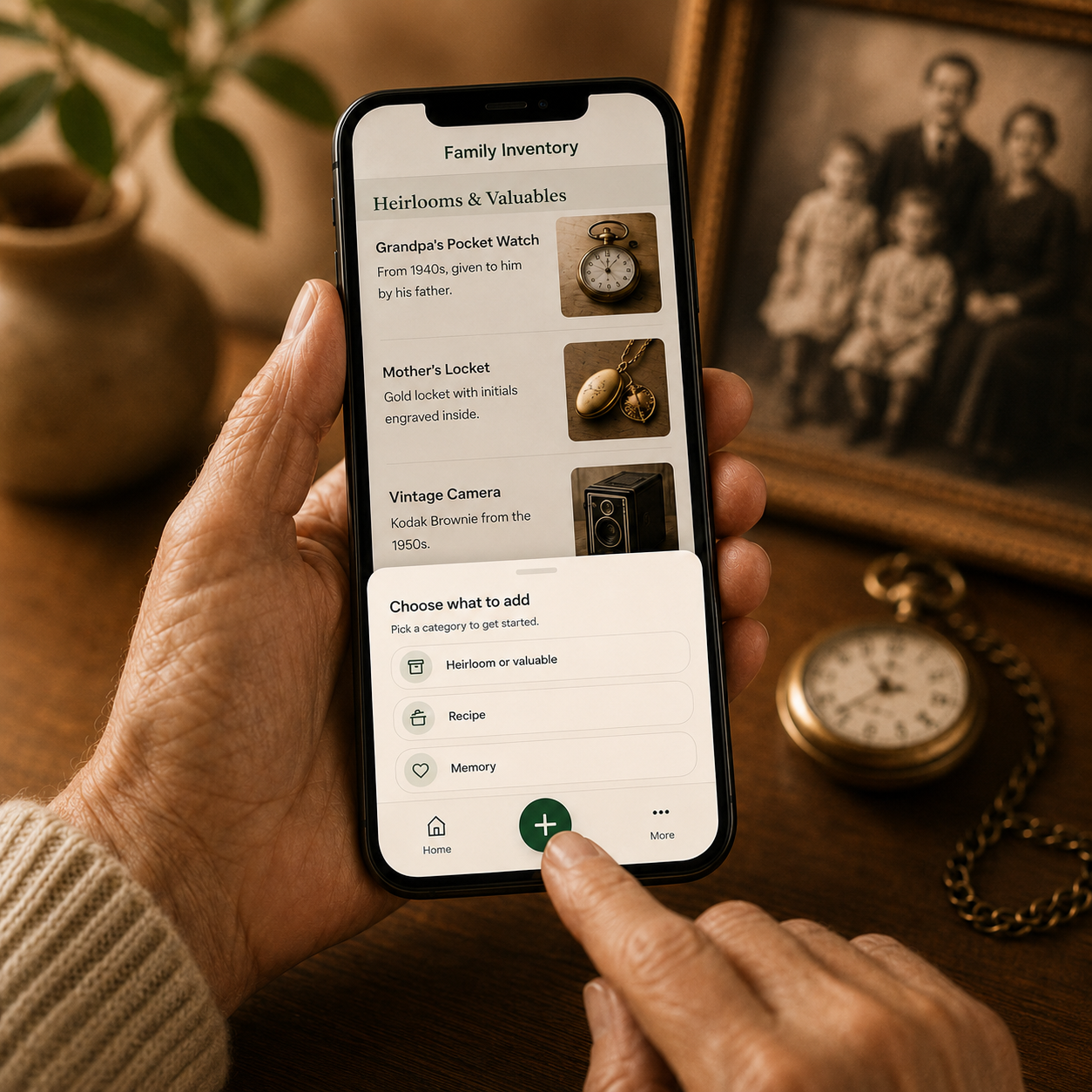 A person holding a phone showing the Family Inventory app beside a framed vintage family portrait and a brass pocket watch