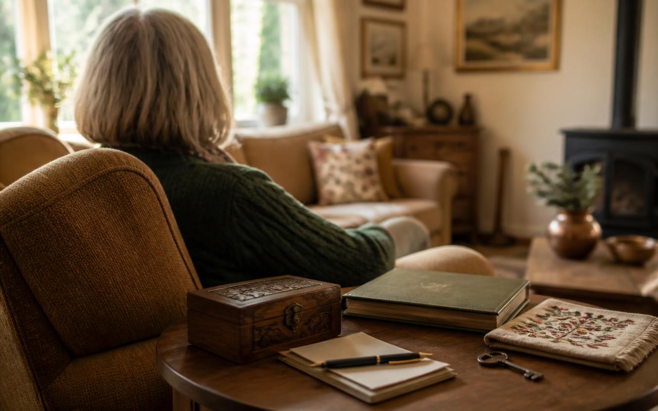 An older adult seen from behind, seated in an armchair with a keepsake box, family album, and notebook nearby.