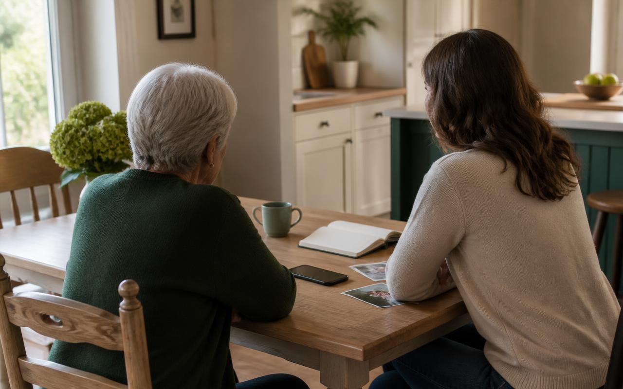 An older adult and an adult child seated at a bright dining table with a smartphone resting between them during a conversation.
