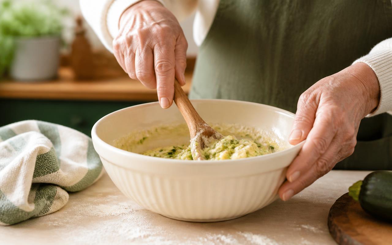 Older hands holding a ceramic mixing bowl and stirring ingredients in a bright home kitchen.
