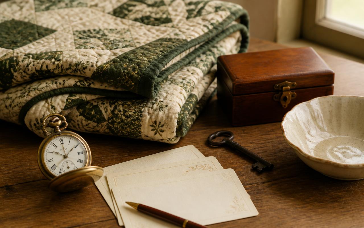 A pocket watch, folded quilt, handwritten recipe cards, and a wooden keepsake box arranged on a table.